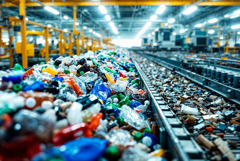 Residuos para reciclar/revalorizar sobre banda transportadora, haciendo referencia al colonialismo de residuos y el caso Semia Gharbi