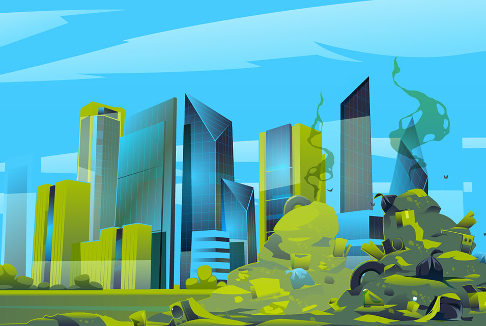 Ilustración en tonos azules y verdes, de ciudad con edificios y rescacielos, detrás de basura acumulada